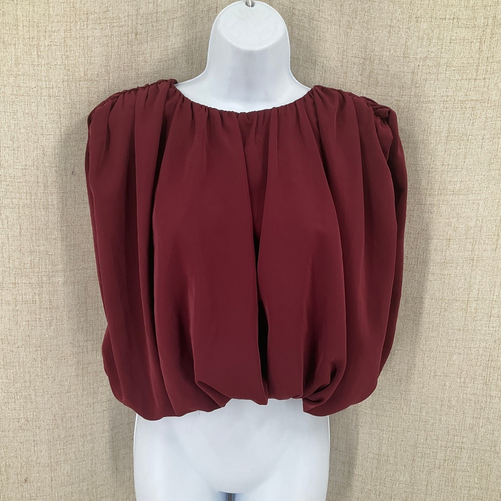Zara Blouse Women XL Burgundy Balloon Bubble Hem Draped Cape Minimalist Classic
